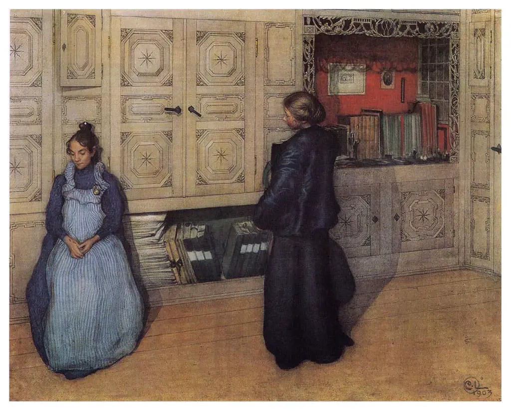 Carl Larsson, two young women talking indoors