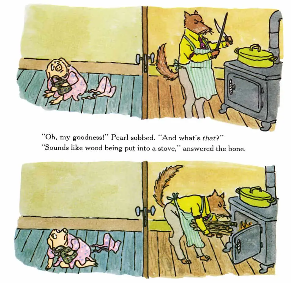 In The Amazing Bone by William Stieg, there are two pictures on each page that depicts frantic activity.