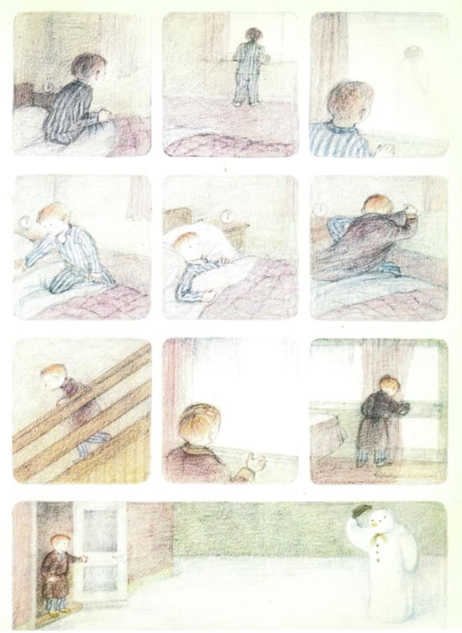There are a lot of images of the front door and the boy's bedroom window in The Snowman by Raymond Briggs.