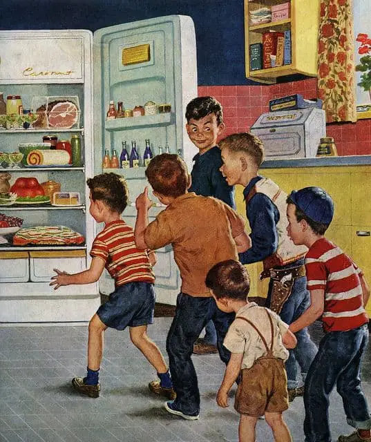 Search and destroy, kids!...The mad rush for an after-school snack. ~ 1955
