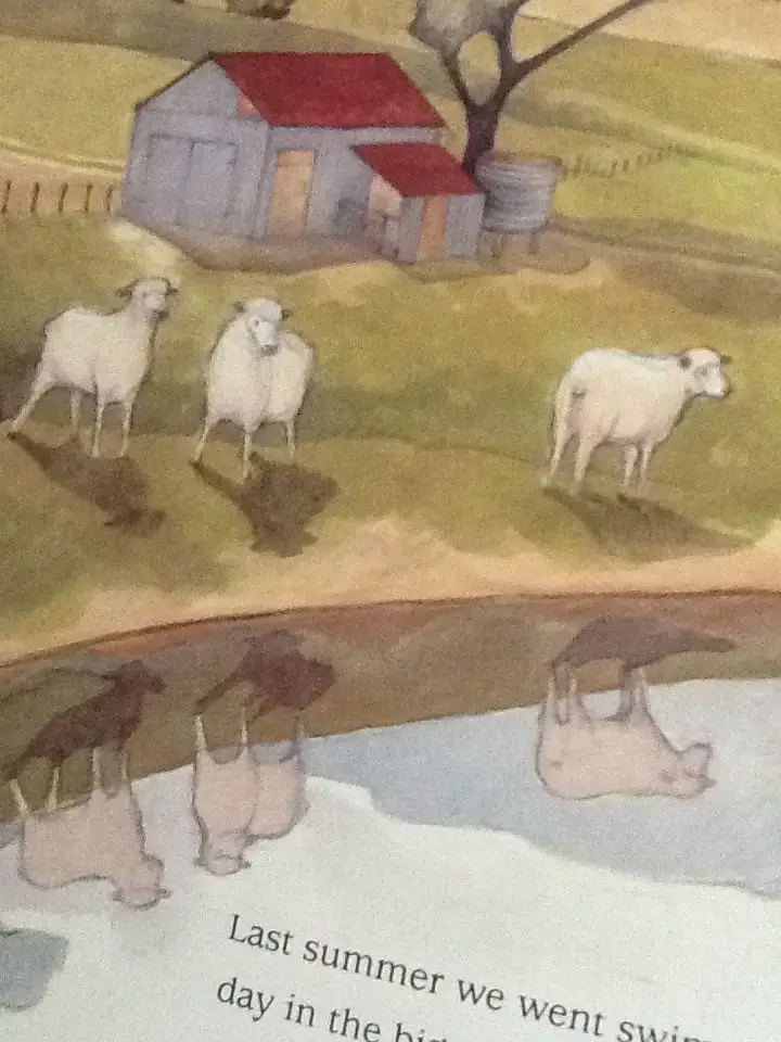 Each sheep has two versions: the real version and the ghostly reflected version in the soon-to-be-gone water.