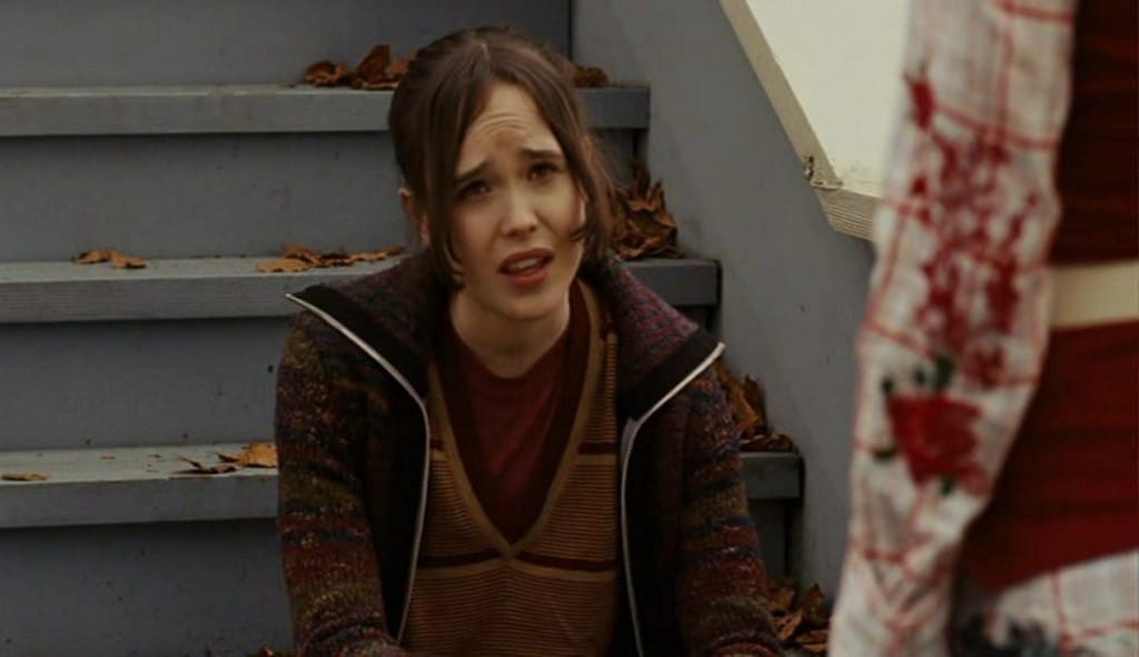 Steps are sometimes used as a metaphor — here Juno sits on the bottom step near the beginning of the movie, signifying her as-yet immature status. Unlike Mark, Juno grows.