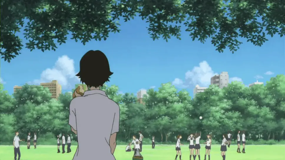 Here Makoto is framed with her 'head in the clouds'. She is apart from the crowd, cast in shadow.