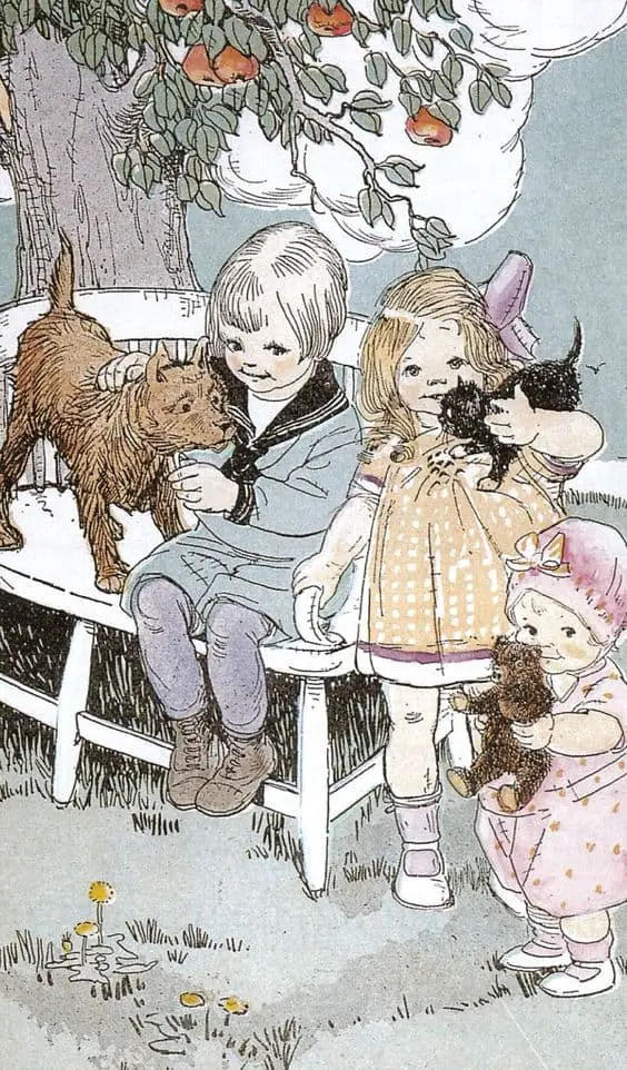 I don't know the source of this illustration, which seems to date from the 1920s. Typically, the boy is associated with the dog; the girl with a cat; the toddler with a stuffed animal.