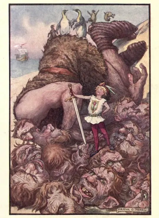 The Diamond Fairy Book. c.1898. Frank Papé. LILLKORT - “Lillekort with his magic sword struck off the fifteen heads at one blow ”