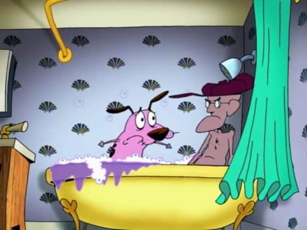 All B-grade horror films need a bathroom scene. Here we have the gender inverted with a skinny, sexually unappealing old man instead of a terrified, alluring young woman.