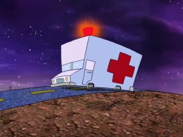 Take note which way the ambulance is driving: from right to left. In the West we know from picturebooks that this directionality indicates a stall in the linear flow of the story (based on the desire of the hero).