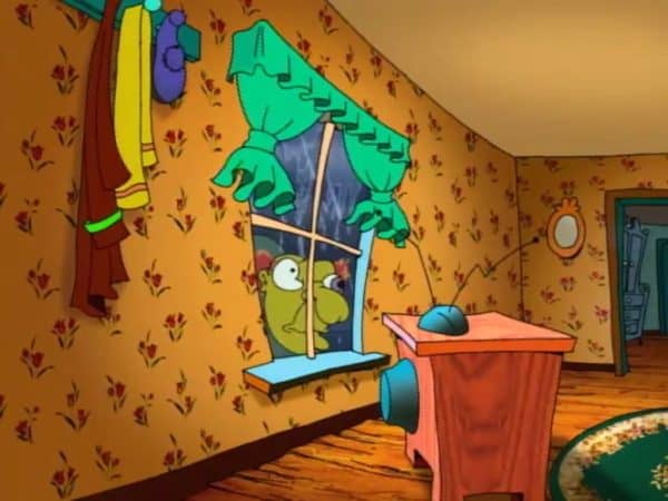 The next thing done to help the audience identify with the Hunchback is to have him look in the window. Like the audience, he is observing the Bagges going about their routine. He is the audience as much as we are.