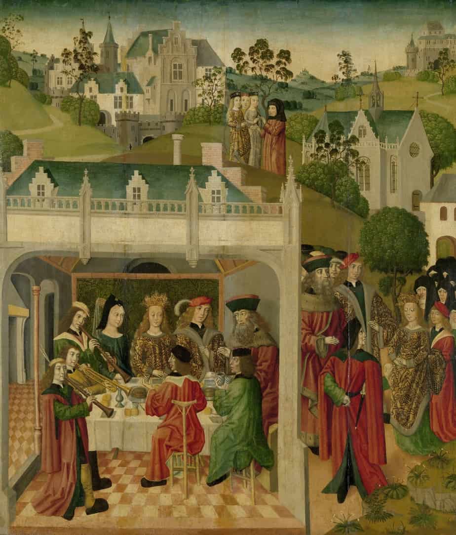 Wedding Feast of Saint Elizabeth of Hungary and Louis of Thuringia in the Wartburg, inner left wing of an altarpiece made for the Grote Kerk in Dordrecht, Master of the St Elizabeth Panels, c. 1490 - c. 1495. When creating the illustrations for his award-winning illustrated picture book Rapunzel, Zelinksy was thinking of Medieval art.