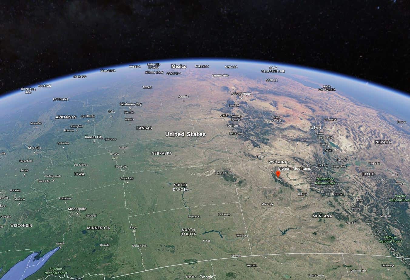 Satellite view of the Bighorn Mountains, where "The Half-Skinned Steer" is set.