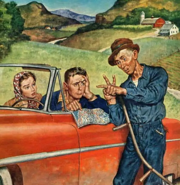 1955, “Go Two Miles, Turn Left…” artist- Amos Sewell (cover art for The Saturday Evening Post, July 9, 1955)