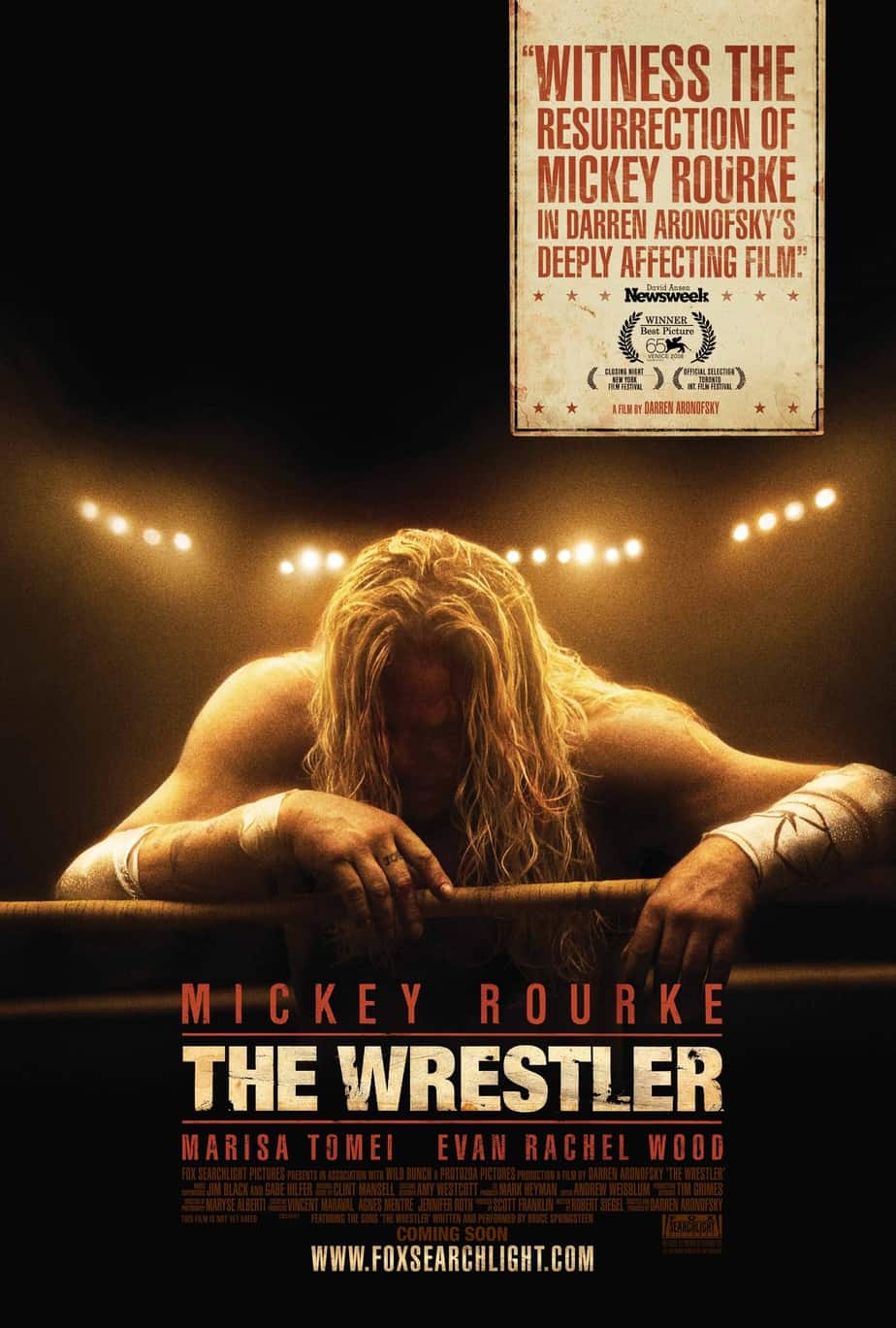 the wrestler movie poster with mickey rourke bending forward looking defeated