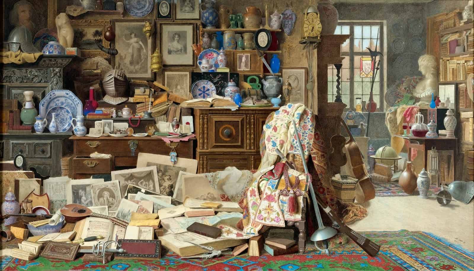 Benjamin Walter Spiers - _Old armour, prints, pictures, pipes, China (all crack'd), old rickety tables, and chairs broken back'd_ Thackeray