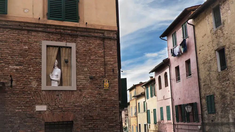 white lady looks out of a window