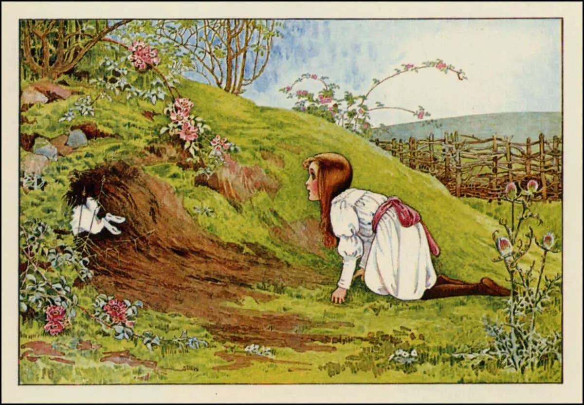 Millicent Sowerby (English, 1878-1967) Alice in Wonderland rabbit hole