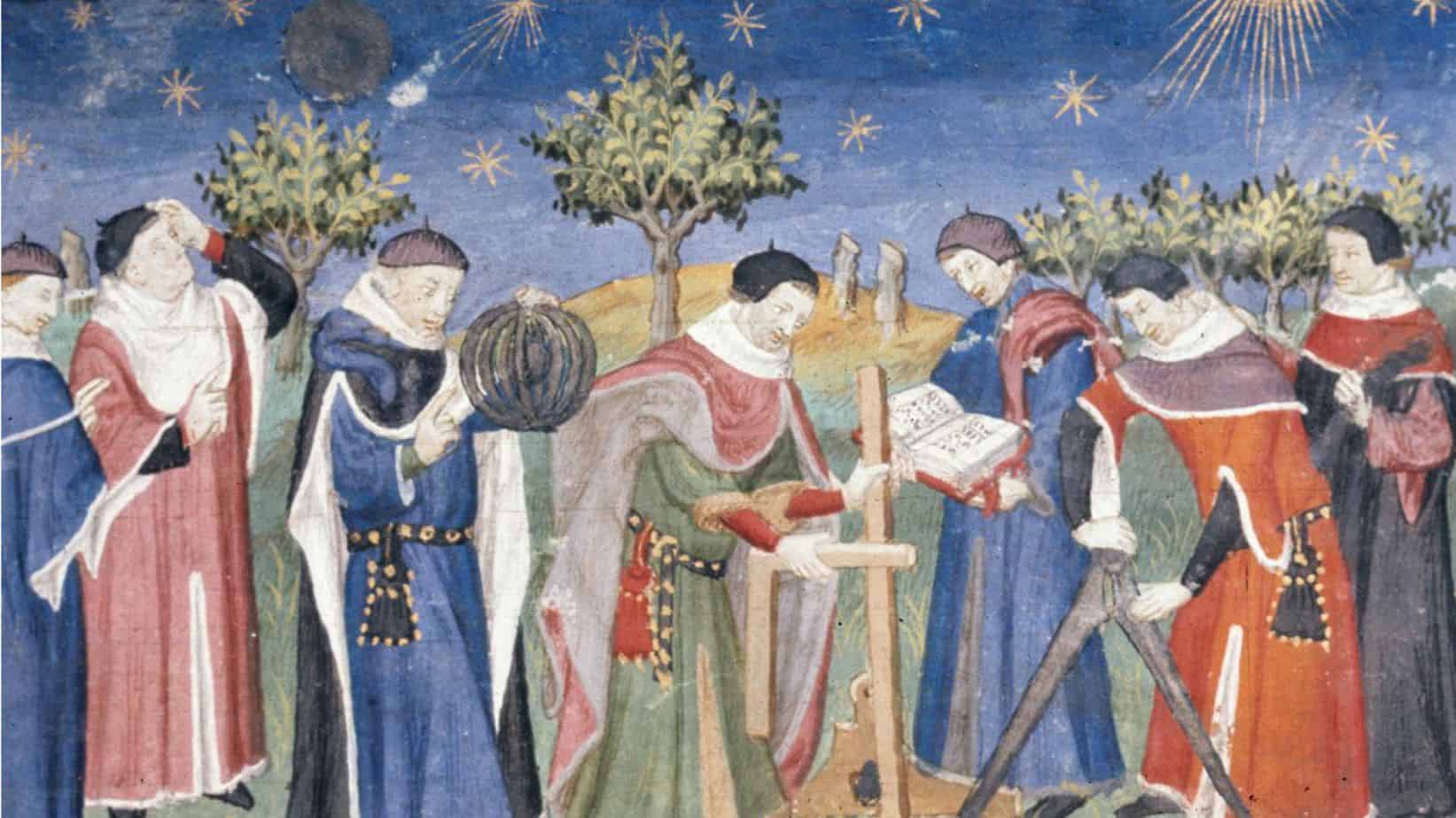 Landscape with Clerks Studying Astronomy and Geometry from the early 15th century