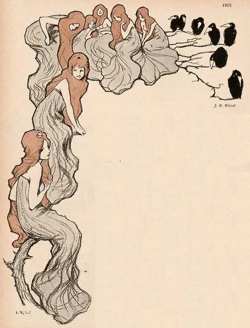 Christiane Hancock, probably an illustration inspired by the Brothers Grimm's Seven Ravens, J.R. Witzel, magazine Jugend 1901 