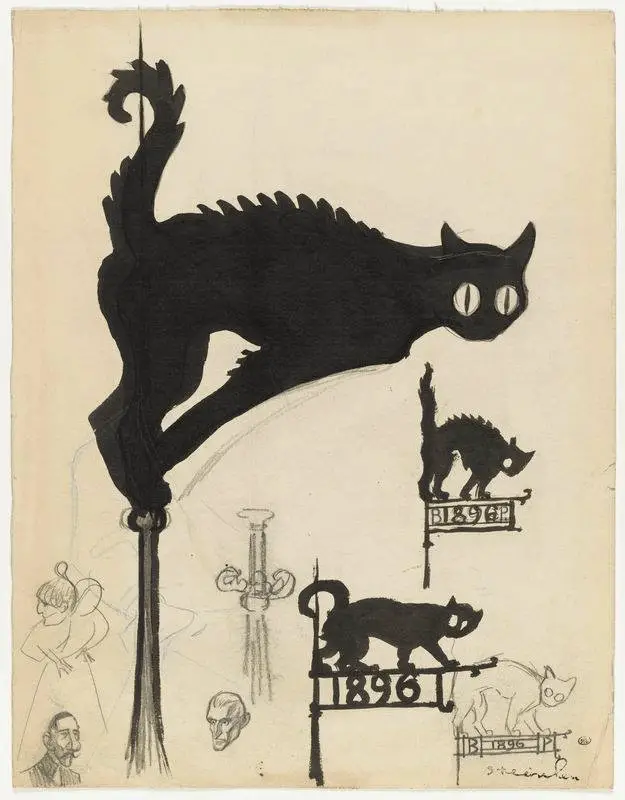 Théophile-A.-Steinlen-1859-1923-Various-projects-of-signs-with-black-cats-India-ink-wash-graphite