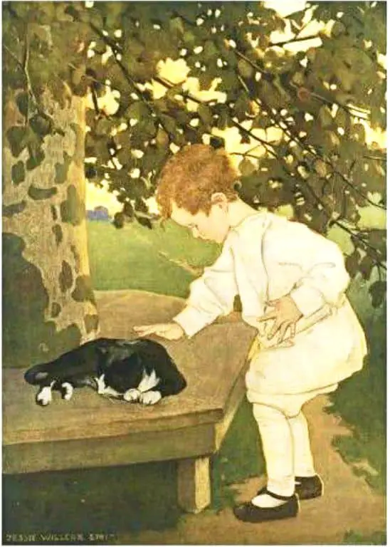 An illustration of a young child petting a cat for "Touching" from the book "The Five Senses" written by Angela M. Keyes, illustrated by Jessie Willcox Smith 1911