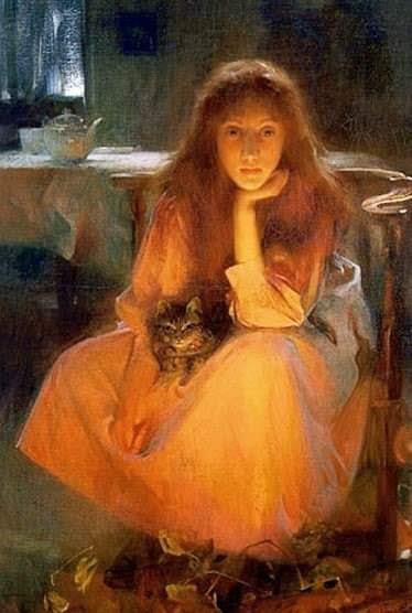 Arthur Hacker (English, 1858 - 1919). A significant proportion of home lighting in pre-electric times would have come from the fireplace.