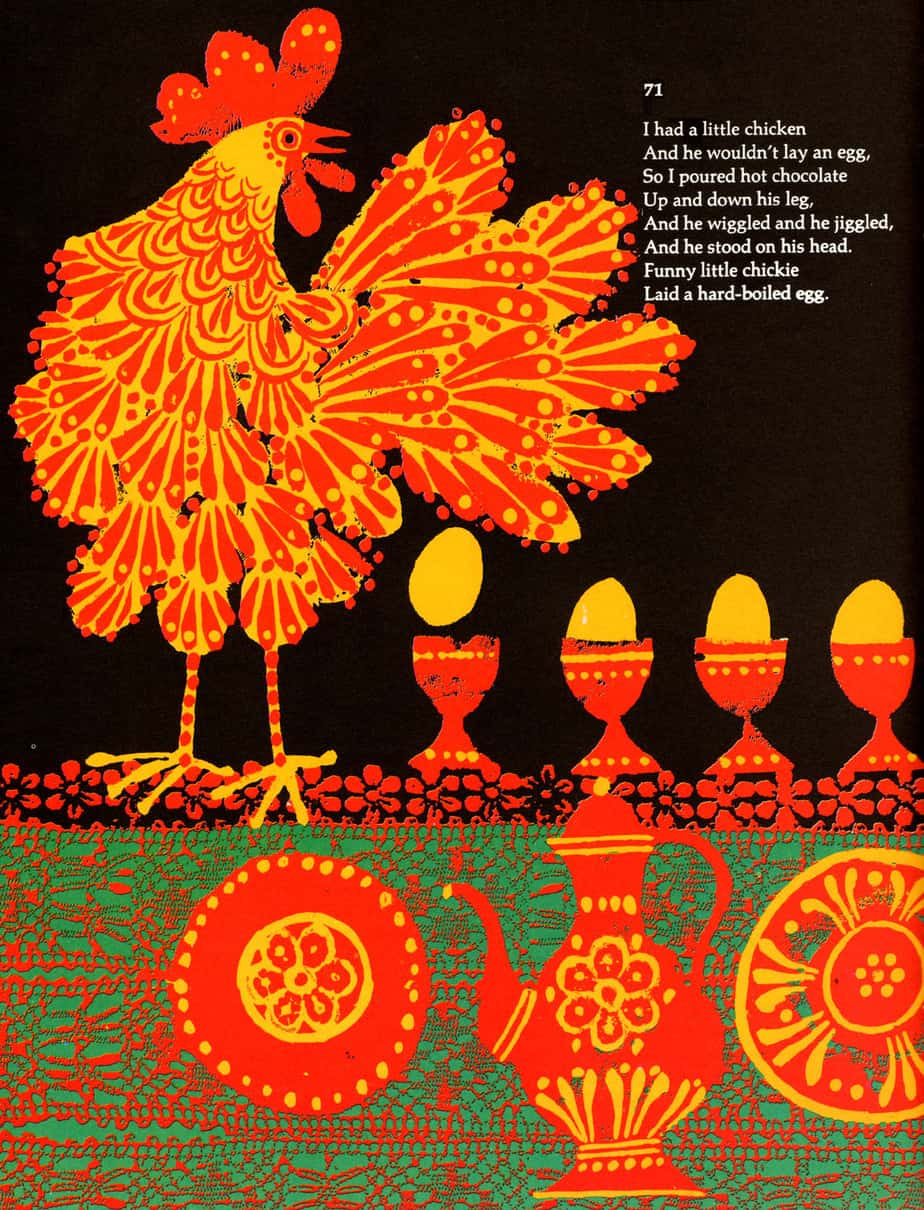 Carlos Marchiori Illustrations for Edith Fowke - Sally Go Round The Sun 300 Songs, Rhymes and Games of Canadian Children (1969) hen