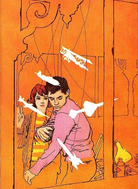 A man swats at a variety of weapons and a plane that only he can see. Appeared in Cosmopolitan Magazine May 1962, illustrated by Al Parker (1906 - 1985) who was an American artist and illustrator. The art style is colour field painting inspired by European modernism or we might call it abstract expressionism combined with Vanishing Style.