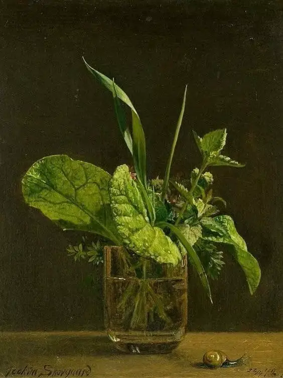  Joakim Frederik Skovgaard (Danish, 1856 - 1933) Still life of a water glass and fresh herbs 