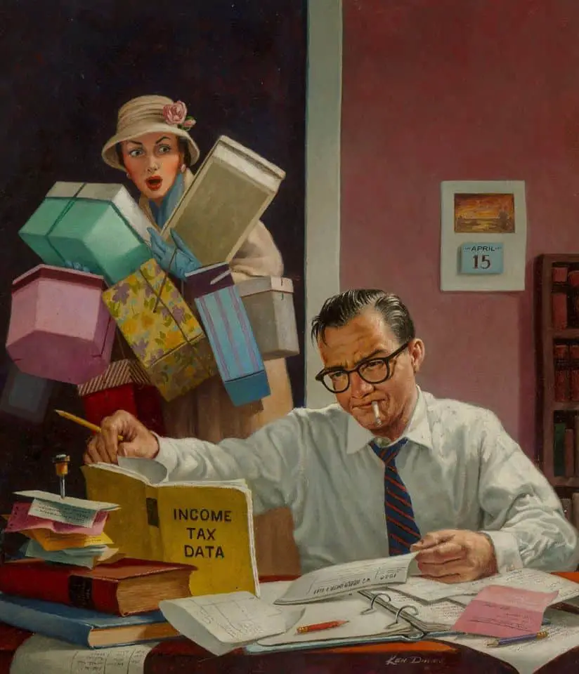 Tax Day by Kenneth Southworth Davies (1925-2017) Oil on Canvas, when women weren't allowed credit cards