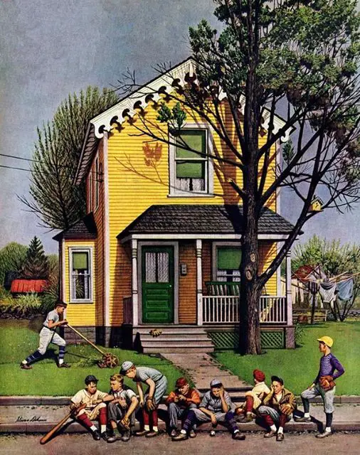 "Baseball Player Mowing the Lawn," Stevan Dohanos, Saturday Evening Post, July 20, 1946