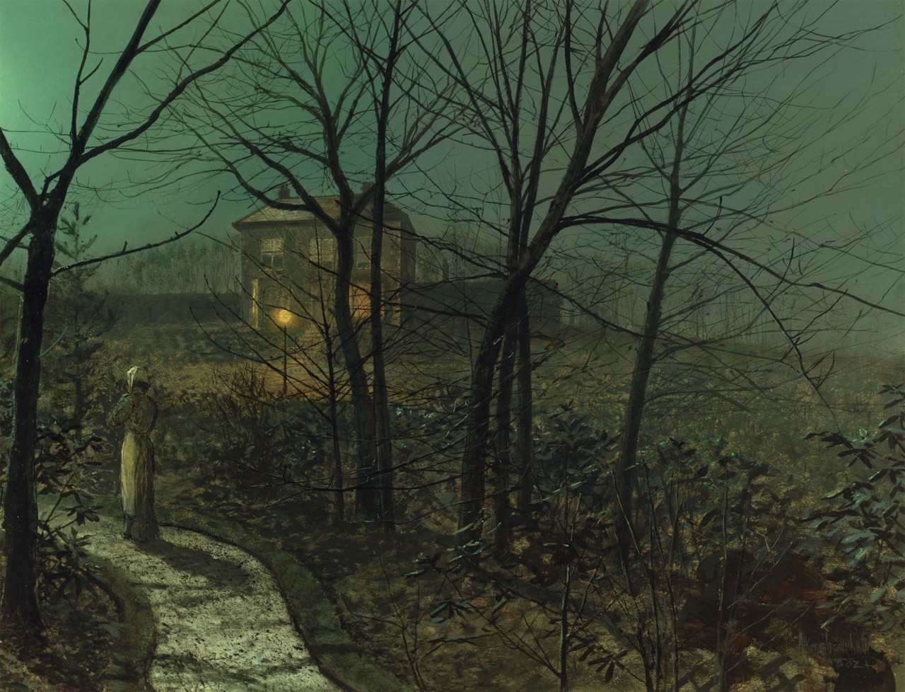 Atkinson Grimshaw - Woman on a Path by a Cottage