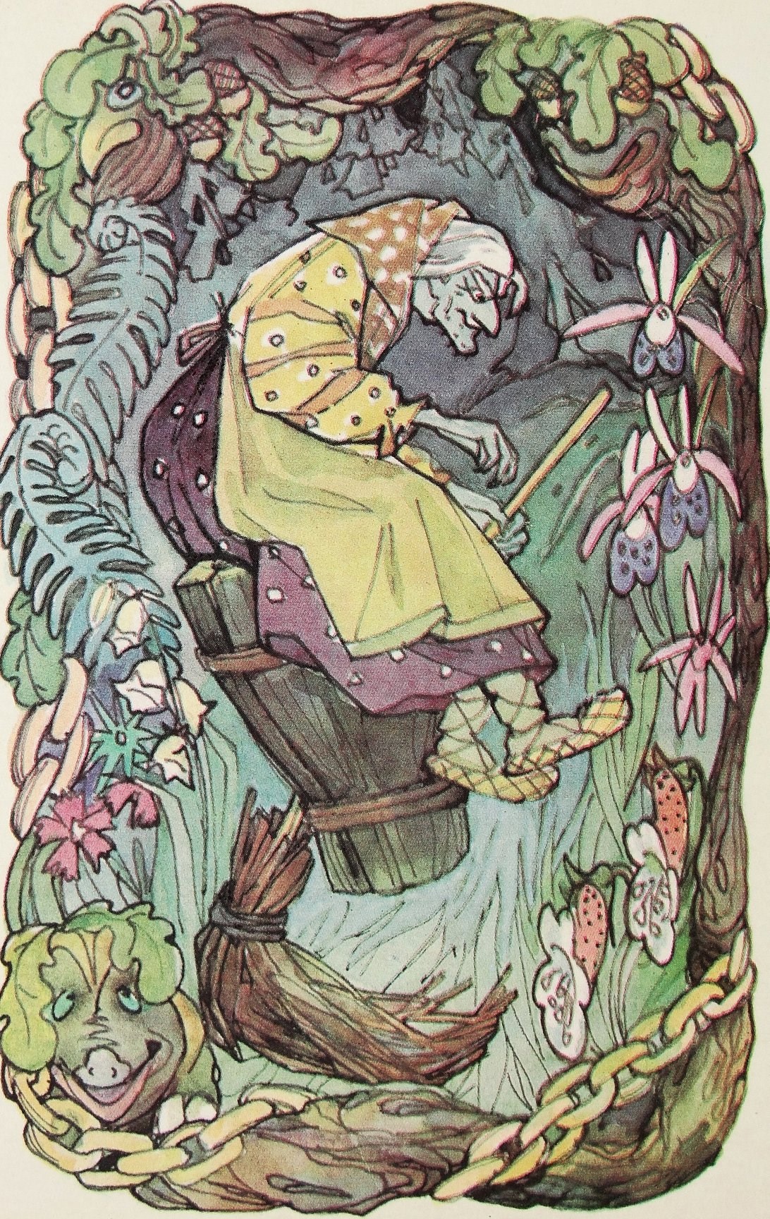 Baba Yaga in a mortar Illustrator M. Alekseev, 1970s