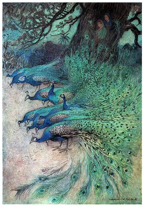 By Warwick Goble (1862-1943)--'Hundreds of peacocks of gorgeous plumes came to the embankments to eat the khai.'- Ill. f. Folk-tales of Bengal, Lal Behari Day (1912)