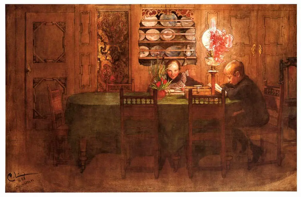 Carl Larsson children read by gas lamp