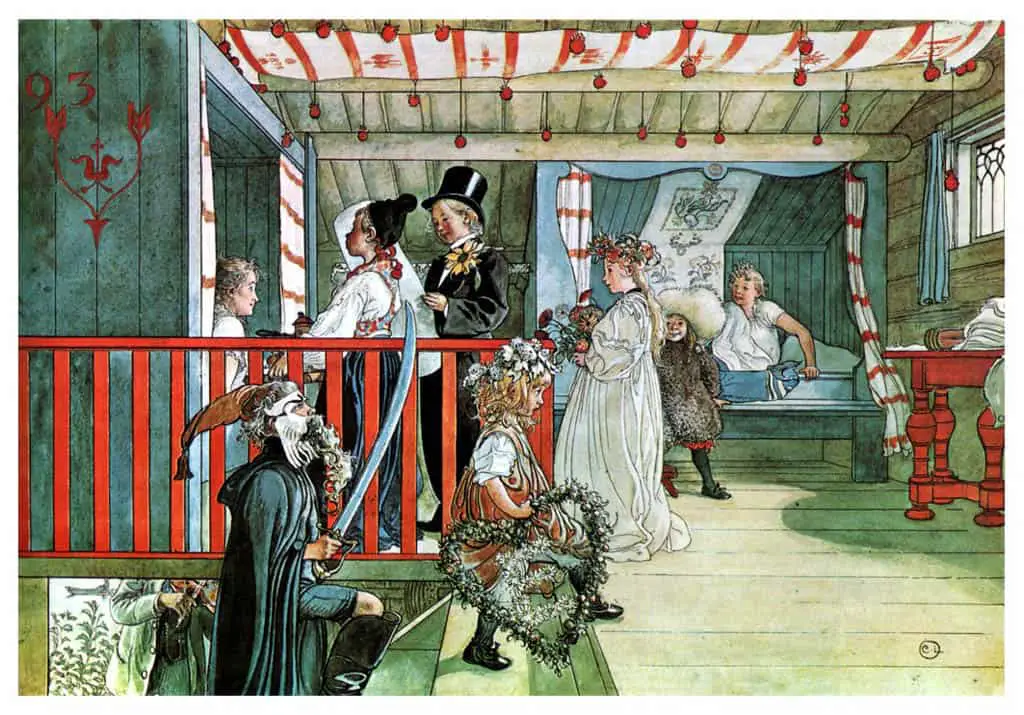 This watercolour illustration of a fancy dress party is by Carl Larsson.