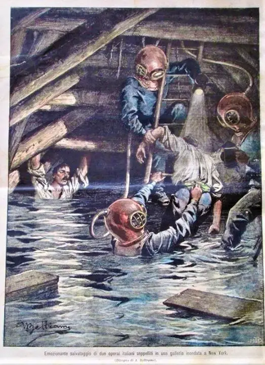 'Dramatic rescue of two Italian workers trapped in a flooded tunnel'   'La Domenica del Corriere' Cover by Achille Beltrame, 21.1.1906