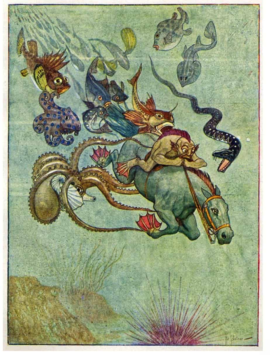 Early-twentieth century illustrations by Artuš Scheiner (1863 – 1938) riding horse underwater
