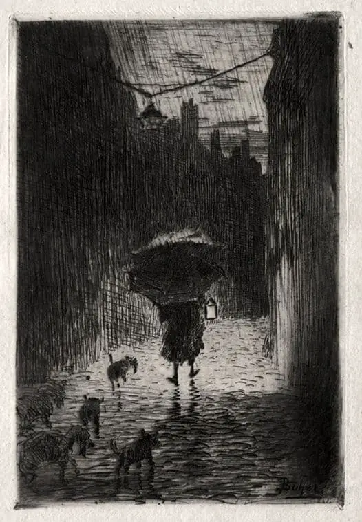 Felix-Buhot-French-1847-1898-Rain-and-Umbrella-c.1875-Etching