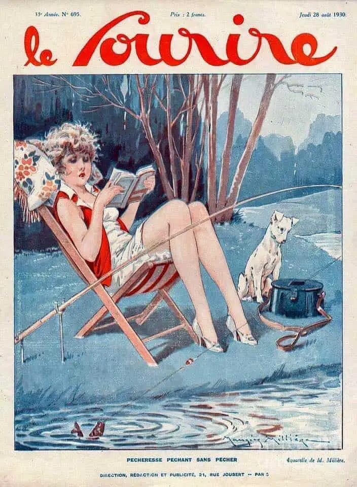 French magazine, 1930 A woman fishing with her dog.