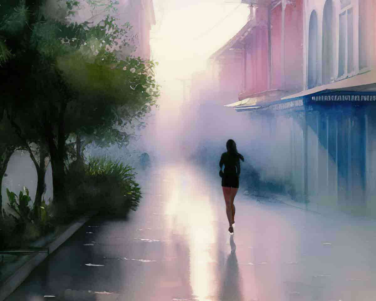 a young woman running along a street at dawn