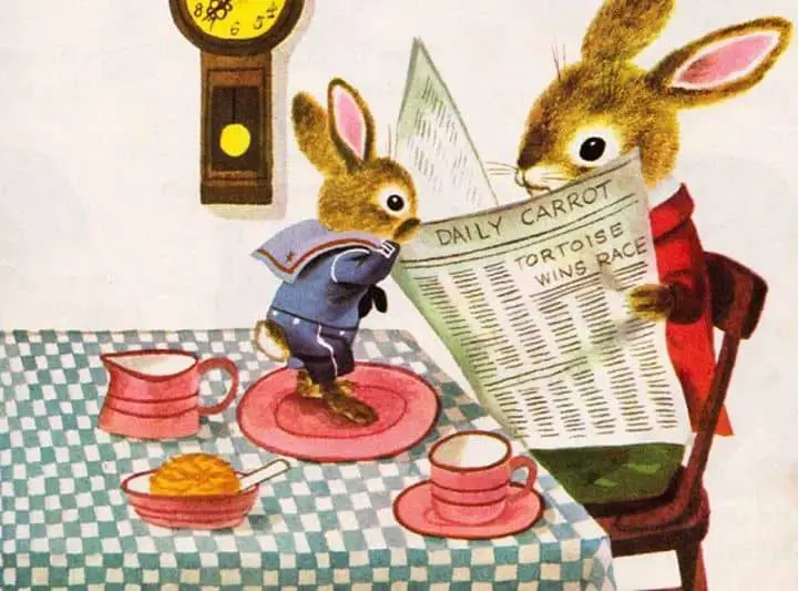 Richard Scarry reading the paper at breakfast