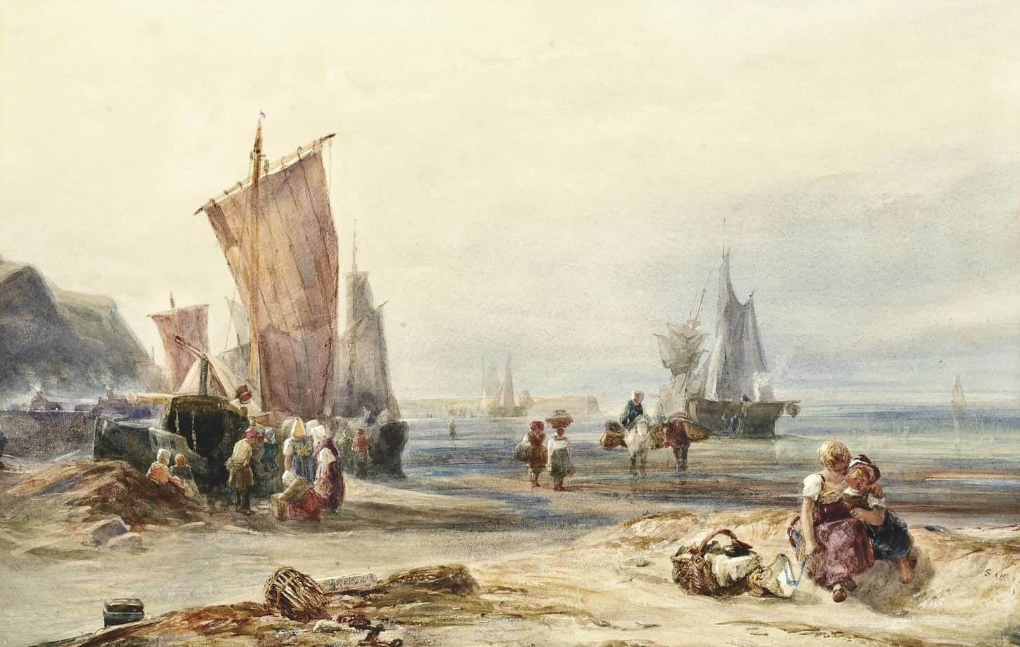 Samuel Austin - Fishermen unloading the catch at low tide  1831