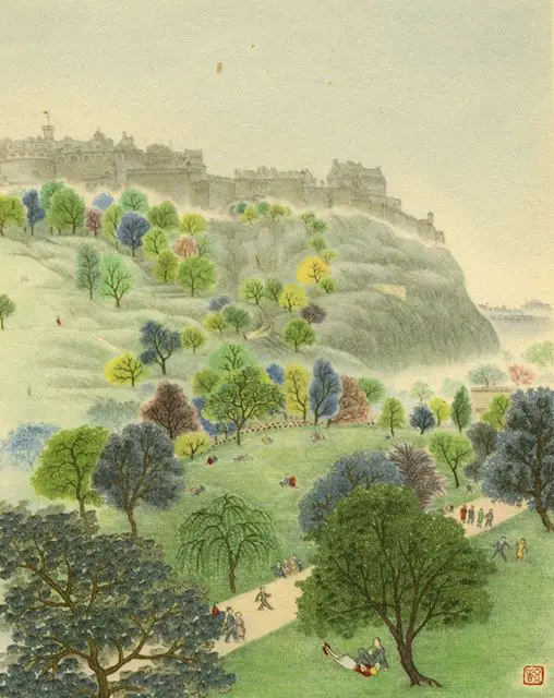 ‘The castle in the summer haze‘ from the book “The Silent Traveller in Edinburgh” (1948) by Chinese poet, author and painter Chiang Yee (1903–1977)