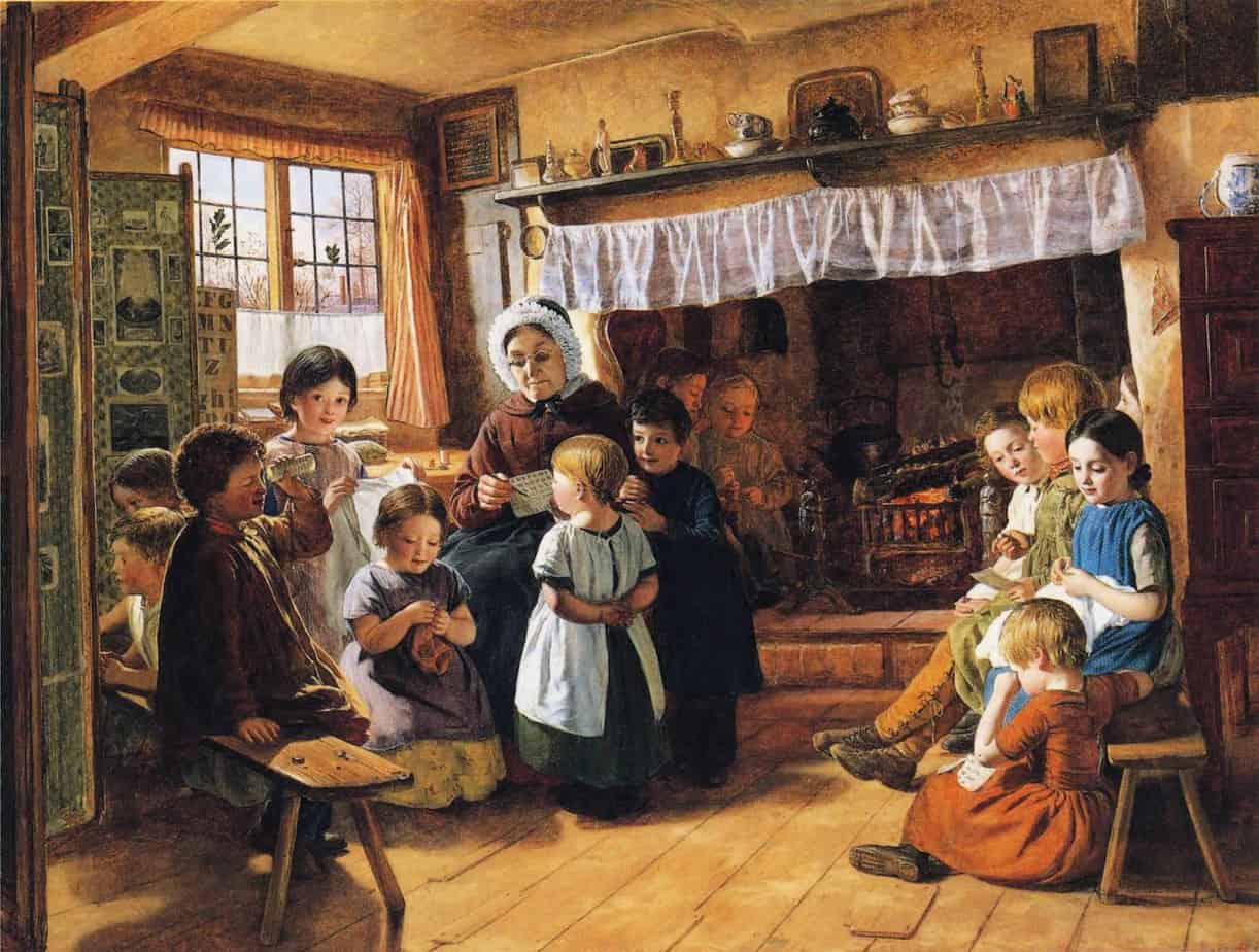 Alfred Rankley - The Village School. The fireplace is so large that two children are sitting inside it, as if it's a separate room.