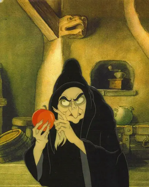 Animation cel of the witch from Walt Disney’s Snow White and The Seven Dwarfs (1937) witch apple