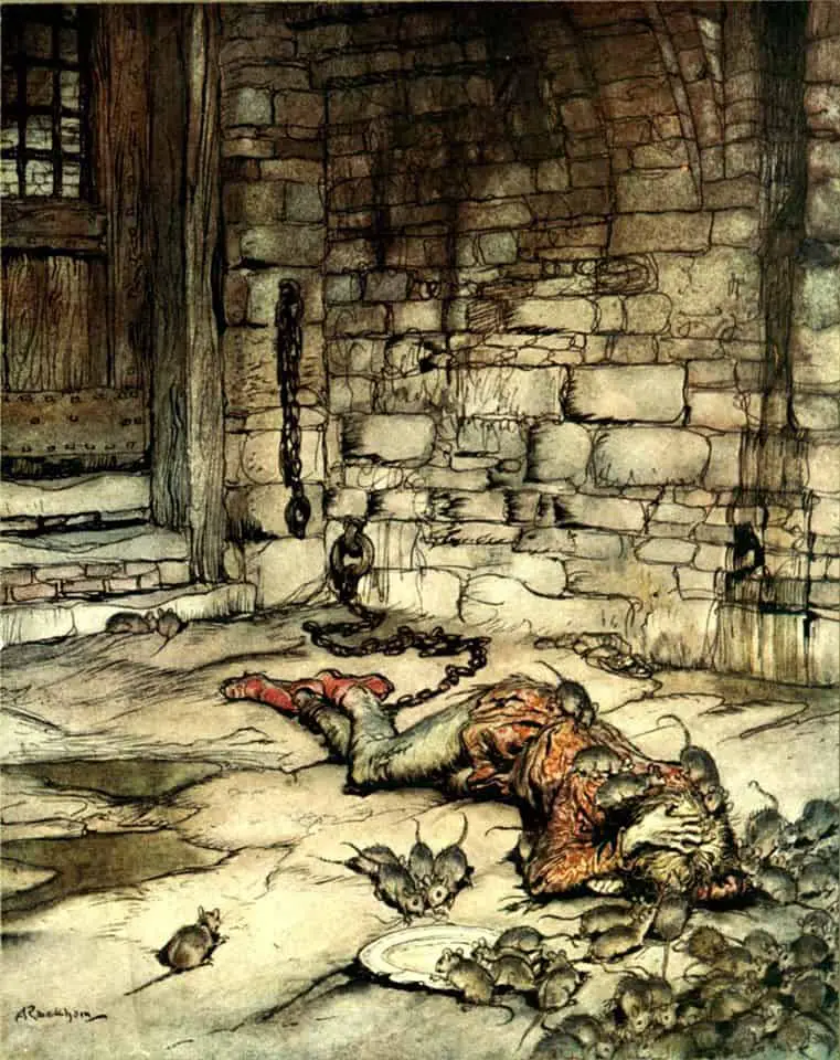Arthur Rackham An illustration of the ballad Young Bekie showing him in prison, with rats eating his yellow hair. He is in prison for being in love with the king's only daughter, Burd Isbel. From the book Some British Ballads.