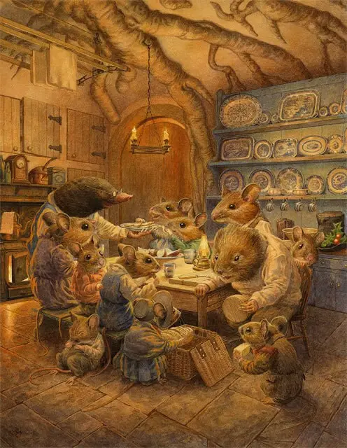 Chris Dunn - British Artist & Illustrator  Mice having dinner in the mole's kitchen  watercolor and gouache