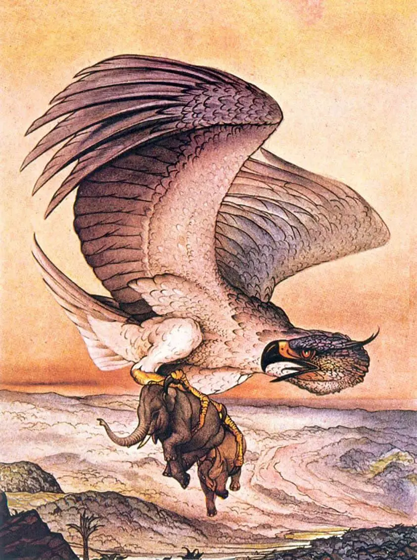 Edward Detmold (1883 - 1957) 1924 illustration The Roc which fed its young on elephants for Arabian Nights