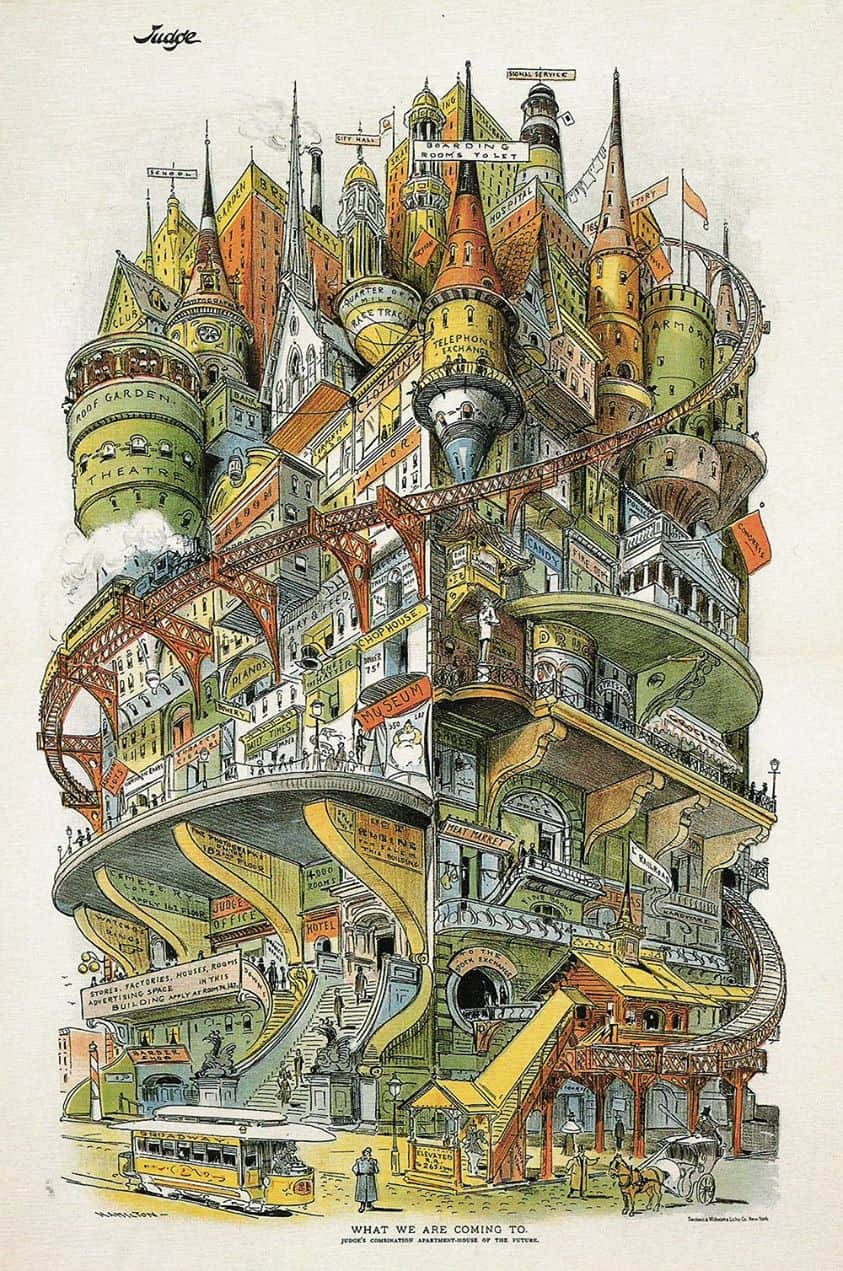 Grant E. Hamilton (1862 - 1926) 1895 futuristic city Illustration from Judge magazine What We Are Coming To (whole city in one building)