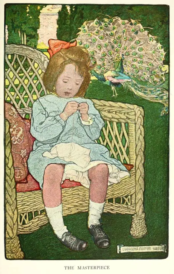 Elizabeth Shippen Green, early 20th Century American illustrator threading needle