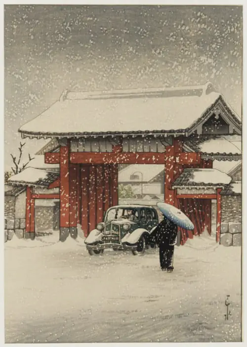 Kawase Hasui, The Great Gate, Shiba, in Snow, 1936